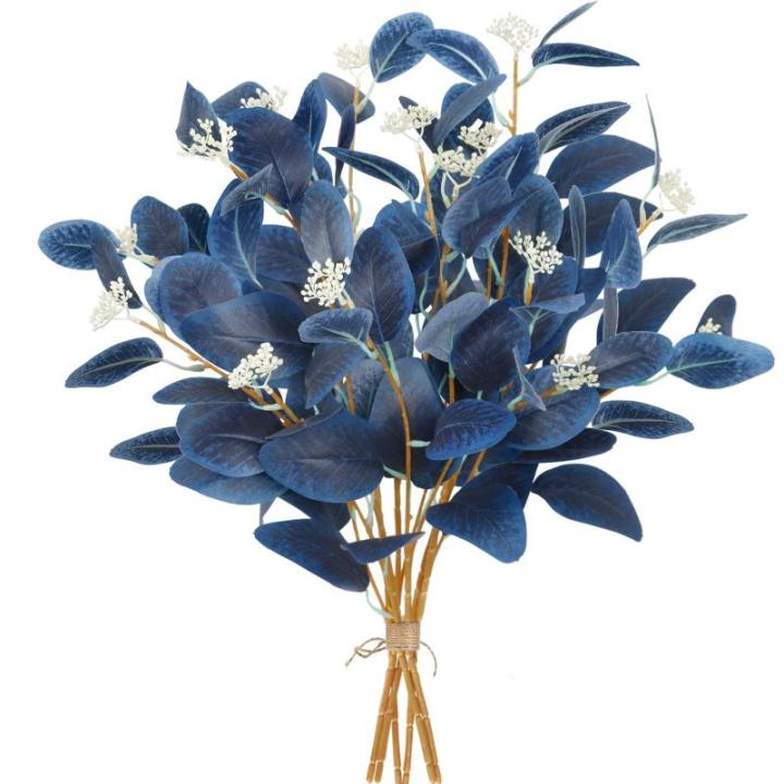 6 Stück Kunstpflanzen Eukalyptus blau künstliche Eukalyptusblätter Zweige mit Samen Silberne Dollar-Pflanzen für Zuhause Innenbereich Vase Blumenarrangement Party-Dekoration