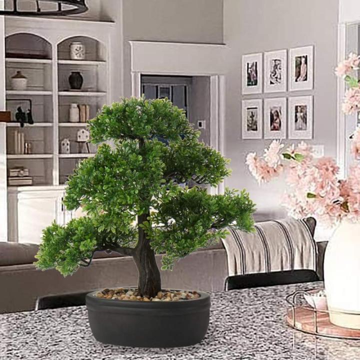 Kunstbonsai Natuurgetrouwe kunstplant, kunstboom, bonsai, ceder, grenen, podocarpus, plastic plant, kunstplant met keramische pot in zwart, voor badkamerdecoratie, desktop, kantoor