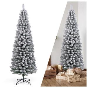 Smalle kunstkerstboom, 180 cm, kerstboom met pvc-takken en metalen standaard, dennenboom bedekt met sneeuw, voor binnen en buiten