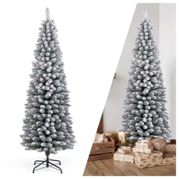 Smalle kunstkerstboom, 180 cm, kerstboom met pvc-takken en metalen standaard, dennenboom bedekt met sneeuw, voor binnen en buiten