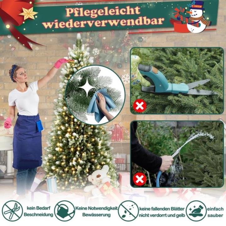 Kunstkerstboom met verlichting, sneeuweffect, 150 cm, kerstboom met standaard, groen pvc + PE dennenboom