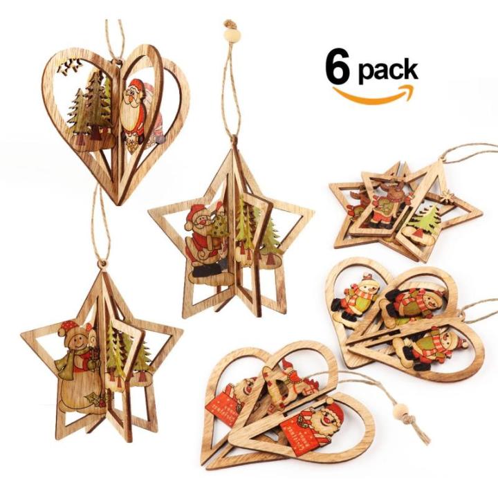 6 kerstboom decoraties houten, 3D kerstdecoratie kerstboom, kerstboomdecoratie met hangtafels van hout,kerstboom decoratie voor het decoreren van kerstboom,DIY Xmas Party Supplies