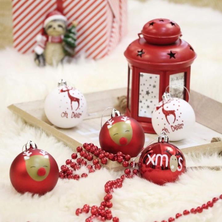9 stuks 6cm , kerstboomballen, traditioneel rood en wit elandentekenthema, kerstboomversiering, uitgerust met touw kraftpapier inwikkeling