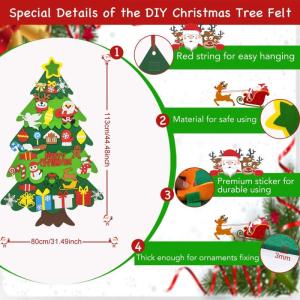 Vilten kerstboom, 10 m, doe-het-zelf vilten kerstboomset voor kinderen, kerstdecoratie, hangende decoratie met afneembare hangende ornamenten, vilten kerstboom voor thuis/deur/muur