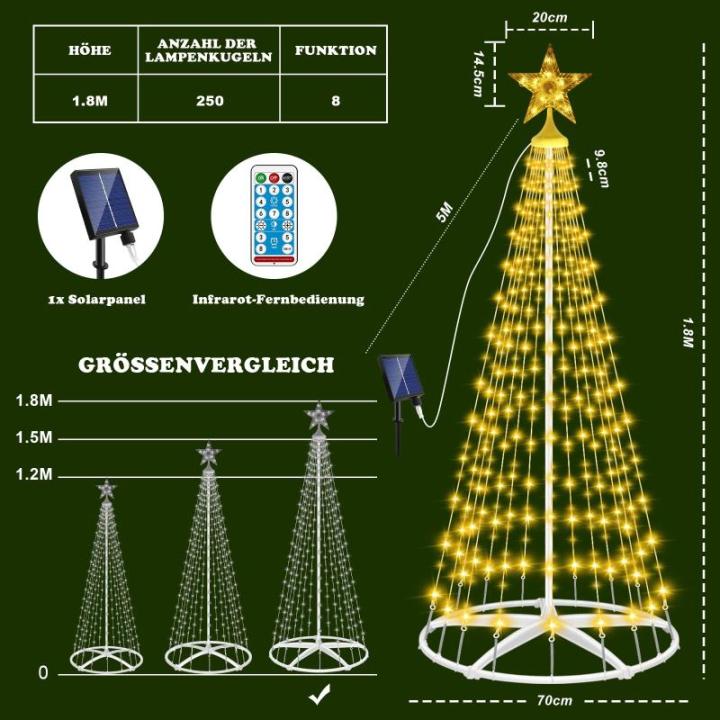 Kerstboom op zonne-energie, metaal, grote kegelvorm, 250 leds, lichtboom, 8 modi, waterdicht, kerstverlichting, buitenverlichting, kerstverlichting voor tuin, balkon, kerstdecorati