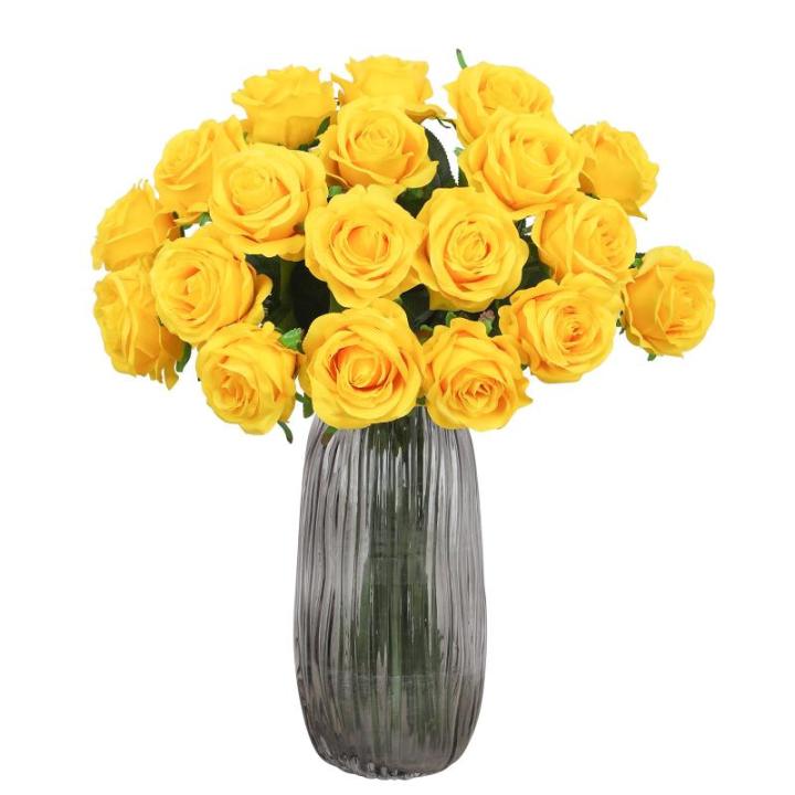 10 stuks gele rozen, kunstzijden bloemen, rozen met stelen, doe-het-zelf, bruiloft, boeket, thuis, kantoor, bruiloftsarrangementen (geel)