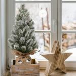 Mini Tafelkerstboom in jute basis 40,6 cm kunstmatige dennentakken bedekt met sneeuw, voor kerstdecoratie wooncultuur keuken eettafel