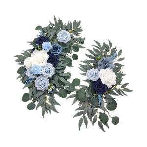 Bruiloftsboogbloemen, bloemenslingers voor bogen, woondecoratie, groene bladeren, kunstbloemenslingerset voor binnen, set van 2 voor recepties, blauw