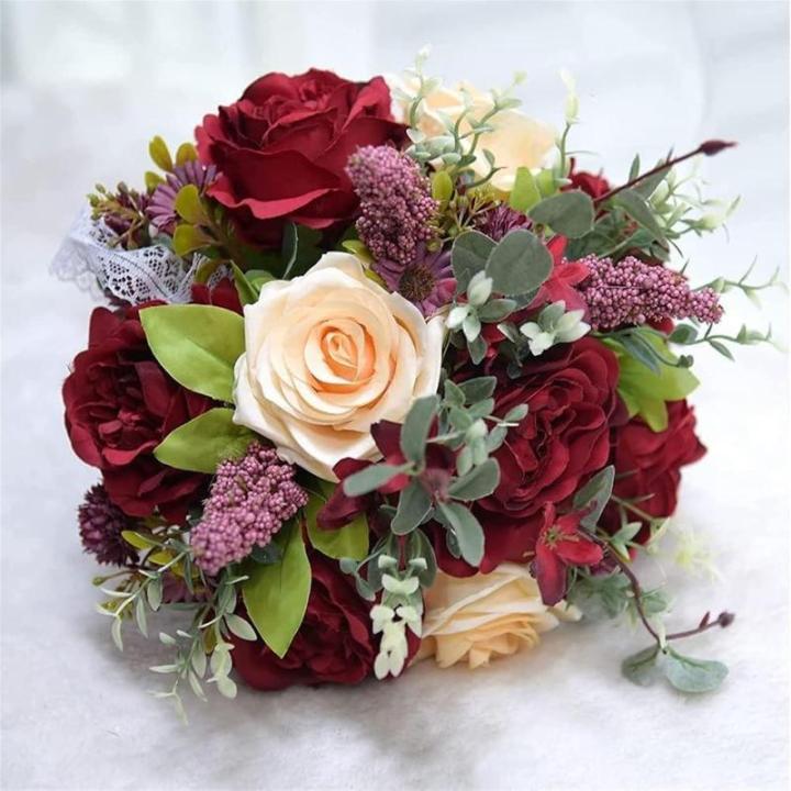 Hochzeitsstrauß for die Braut mit künstlichen Blumen, 10-Zoll-Hochzeitssträuße, künstlich blühende Rosen, Brautjungfernstrauß, Seidenrosen-Wurfsträuße.(Red)