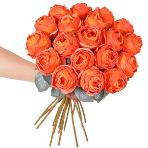 10 stuks kunstrozen oranje, 50 cm in hoog, enkele roos lange steel, namaakbloem, zijden bloesem, roos, realistische bloem voor tafel, kantoor, feest, bruiloft, woondecoratie (oranj