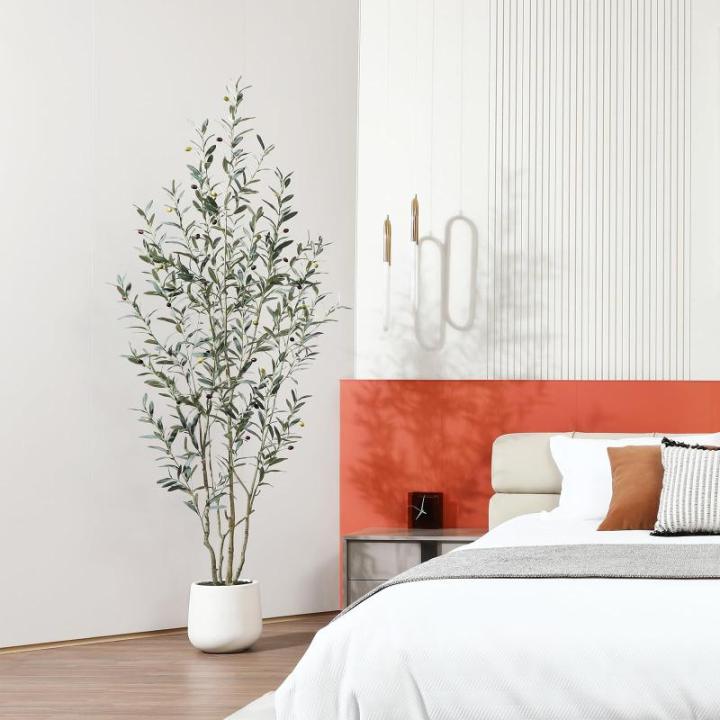 Olijfboom, , 210 cm, kunstplant met levensechte vruchten, kunstolijfboom in witte pot, indoor decoratie (1 stuks)