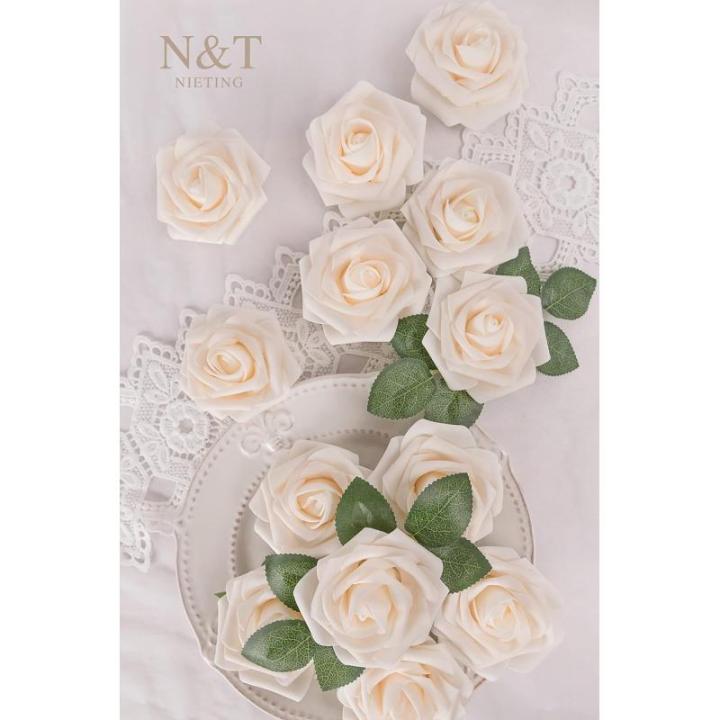 Kunstbloemen, 50 stuks, kunstbloemen, schuimrozen voor doe-het-zelf bruiloft, bruidsboeket, baby, douche, feest, taart, wanddecoratie, crème
