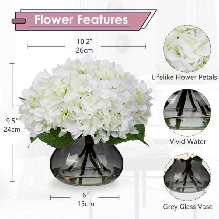 Kunsthortensia bloemen in vaas met 4 hoofden, echte aanraking, nephortensia, bloem in glazen vaas met faux water, zijde, wit, kunstbloemstuk voor thuis, badkamer, bruiloftsdecorati