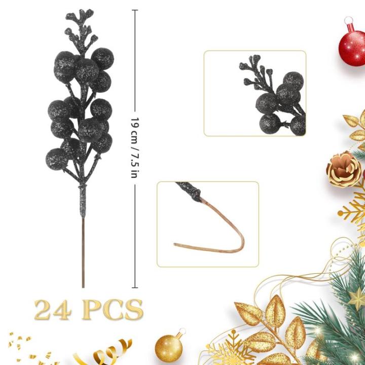 24 stuks glitter zwarte bessen stelen, kunstmatige rode bessen plukken, glitter, zwarte bessen, takken, kerstbessen, steel, picks voor kerstboom, doe-het-zelf, knutselen, bruiloft,