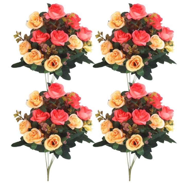 Friedhofsblumen für Grab, 4 Bündel Gefälschte Rosen 11,8 '' Künstliche Blüten für Graves 12 Blumenköpfe Seidengedenkblumen für Grabvase Cemetery Dekor Orange, künstliche B