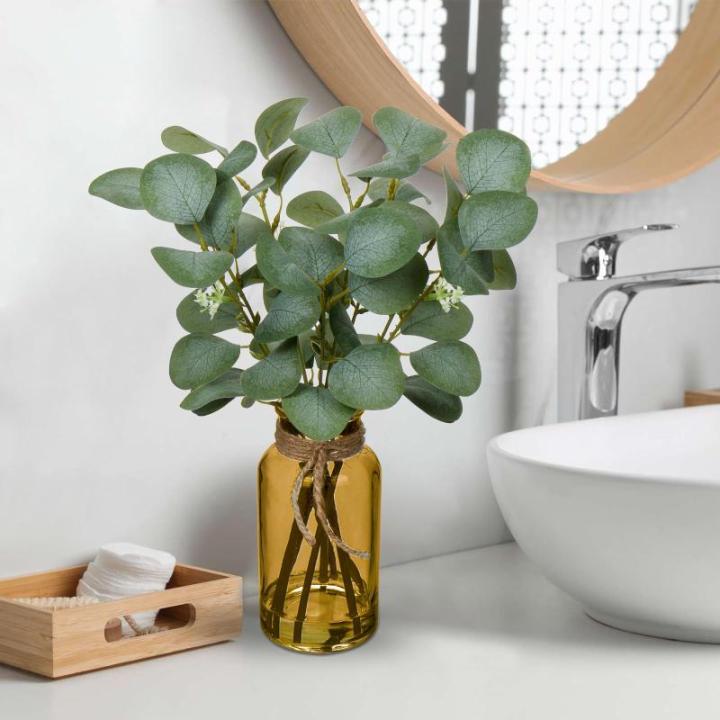 35 cm kunstmatige eucalyptus takken met amber glazen vaas, eucalyptus kunststof plant eucalyptus realistische eucalyptus decoratie zilveren dollar voor bruiloft tafeldecoratie kant