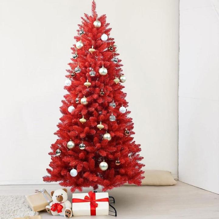 1,5 m roter PVC Künstlicher Weihnachts-Bleistiftbaum, mit 624 Zweigspitzen und Metallklappbarem Ständer, geeignet für Zimmer, Büro, Partydekoration