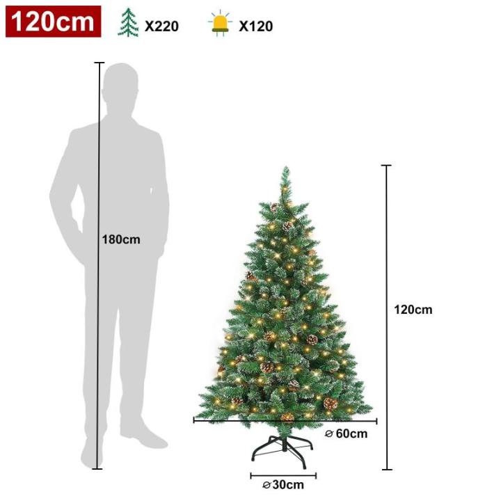 120cm PVC Kunstkerstboom Kerstboom met LED, met metalen standaard, voor Kerstdecoratie, Sneeuweffect+pijnappel+LED