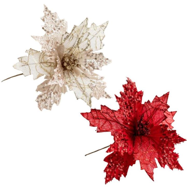 Poinsettia Blumen künstlich 8pcs 8x10in realistische Weihnachtsblumen mit Pailletten & Textur Stoff Poinettias Künstliche Weihnachtsblumen, Champagner, Poinsettias Künstliche We