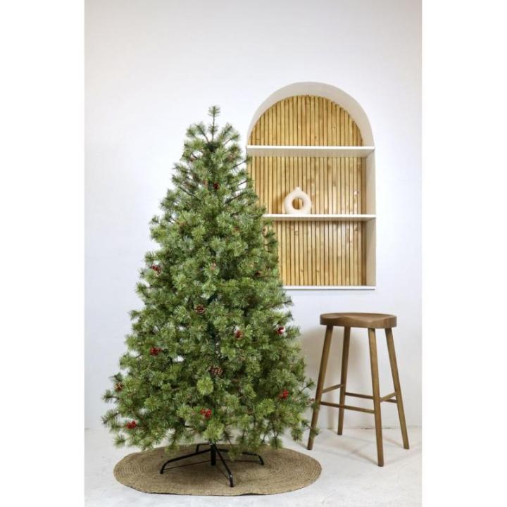 Kunstkerstboom Zelf-assemblerende versierd met gebloemde den met dennenappels en rode bessen Extra gevulde spar 150-210cm met metalen steun (Groen Gebloemd, 210cm 768Tips)