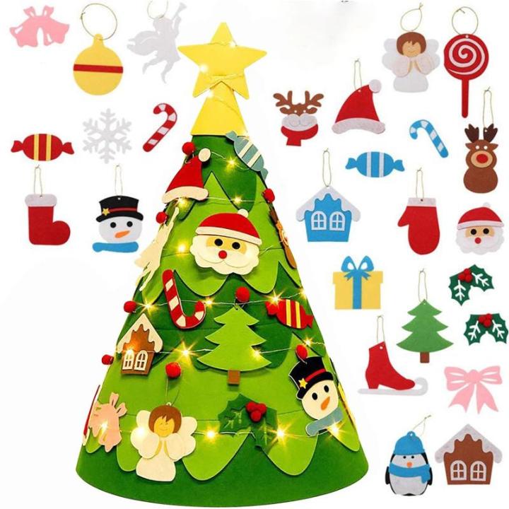 Driedimensionale doe-het-zelf vilten kerstboom kinderset, 75 cm, kerstboom met verlichting, kerstknutselen voor kinderen, met 26 afneembare ornamenten, kerstdecoratie voor kinderen