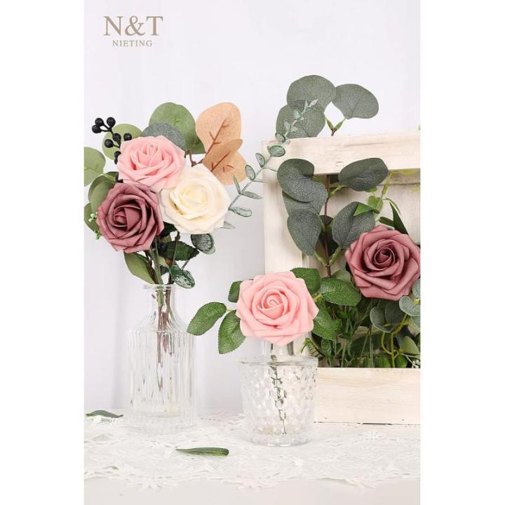 Kunstbloemen, rozen, 25 stuks, echt touch, rozenbloemen met steel, voor doe-het-zelf bruiloftsboeketten, bruidsdouche, tafelopzetstukken, bloemstukken, feesttafels, woondecoraties,