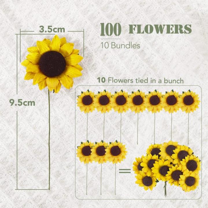 100 stuks kunstzonnebloemen, 3,5 cm, met 90 stickers, decoratieve bloemen, klein met metaaldraad, met steel, feest, bruiloft, doe-het-zelf, plakboek, kaarten, decoratie, lichtgeel