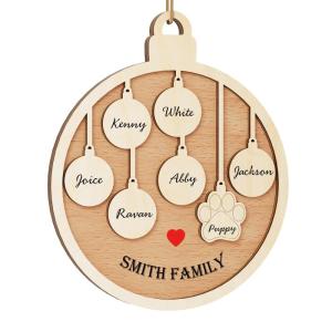 Gepersonaliseerde kersthangers met 6 namen - 2023 houten kerstboomversiering gepersonaliseerde familie, partner huisdier en vrienden
