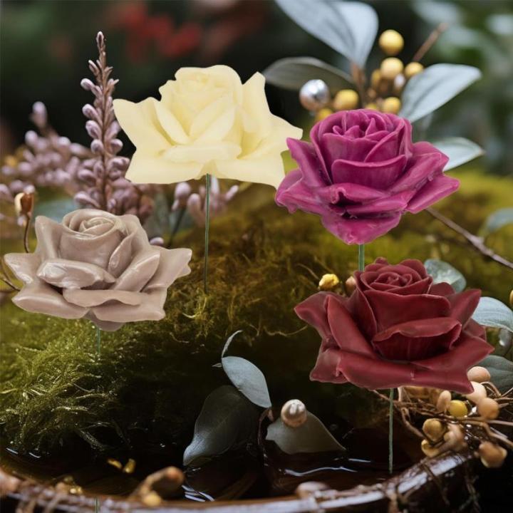 Kunstrozenbloemen met steel als kunstmatige decoratieve rozen van was, 4 crème-witte rozenblaadjes als echt voor bloemstukken, bloemendecoratie, waxrozen als kunstrozen, begraafpl