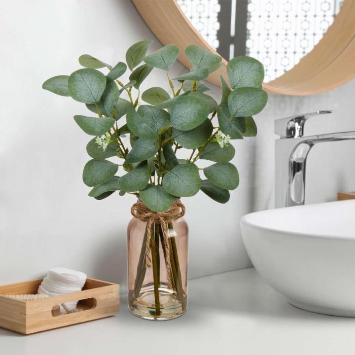 Kunstmatige eucalyptus takken met glazen vaas, eucalyptus kunststof plant, eucalyptus, realistische eucalyptus, decoratie, zilveren dollar voor bruiloft, tafeldecoratie, kantoor, w