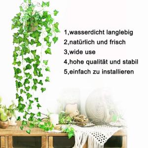 Efeu Künstlich Girlande, 12 Stück Grün Efeu mit Nylon Kabelbinder Pflanzen Efeuranke für Garten Hochzeit Party Wanddekoration