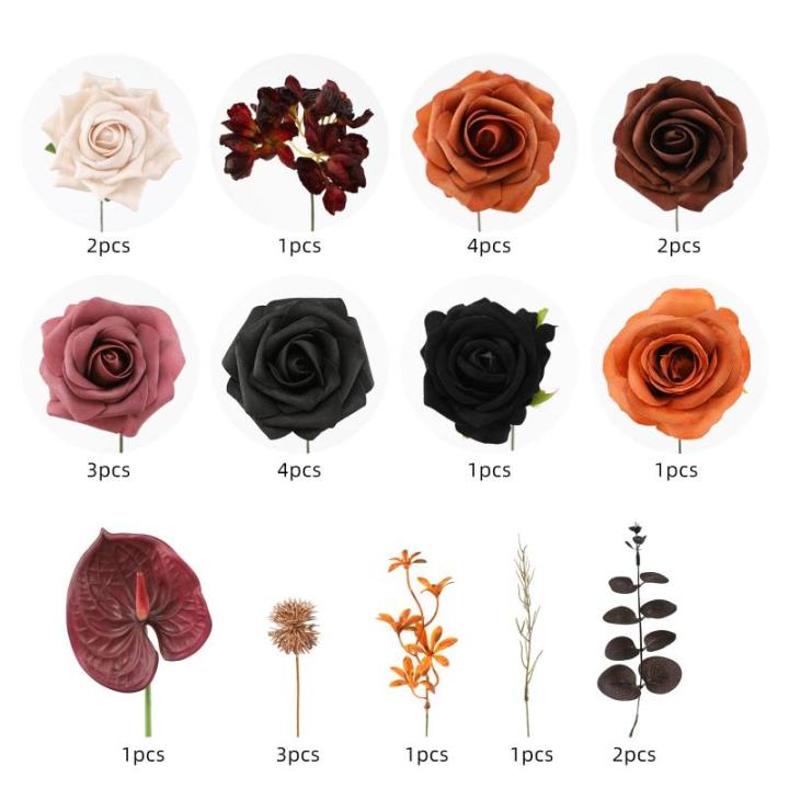 Halloween Künstliche Blumen Schwarze Blumen Mix Seidenblumen Gefälschte Rosen mit Stielen für DIY Hochzeit Brautsträuße Babyparty Blumenarrangement Tischdekoration Heimdekorat