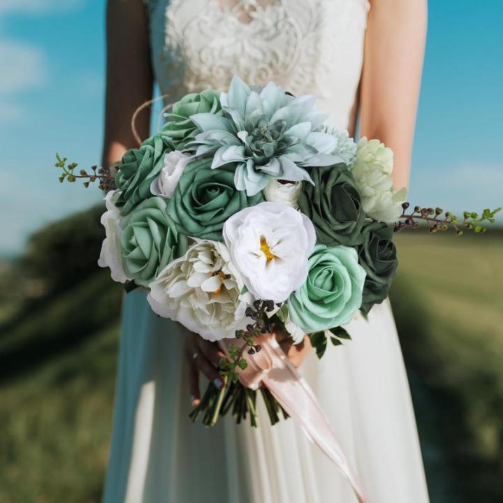 Groene kunstmatige bloem combo nep roos faux dahlia bloemen met stengels voor doe-het-zelf bruiloft bruidsboeket party woondecoratie