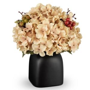 Kunstbloemen als echte kunstmatige hortensia, ivoor, decoratieve bloemen met bessen, in zwarte keramische vaas, bloemstuk voor kantoor, woonkamer, badkamer, herfst, decoratie