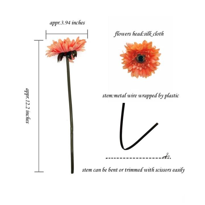 12 STKS Kunstmatige Gerbera Bloem Enkele Stam Bloei Boeket Plastic Zijde Nep Decoratieve Flora Outdoor Indoor Thuis Tuin Kantoor Hotel Bruiloft Party Oranje