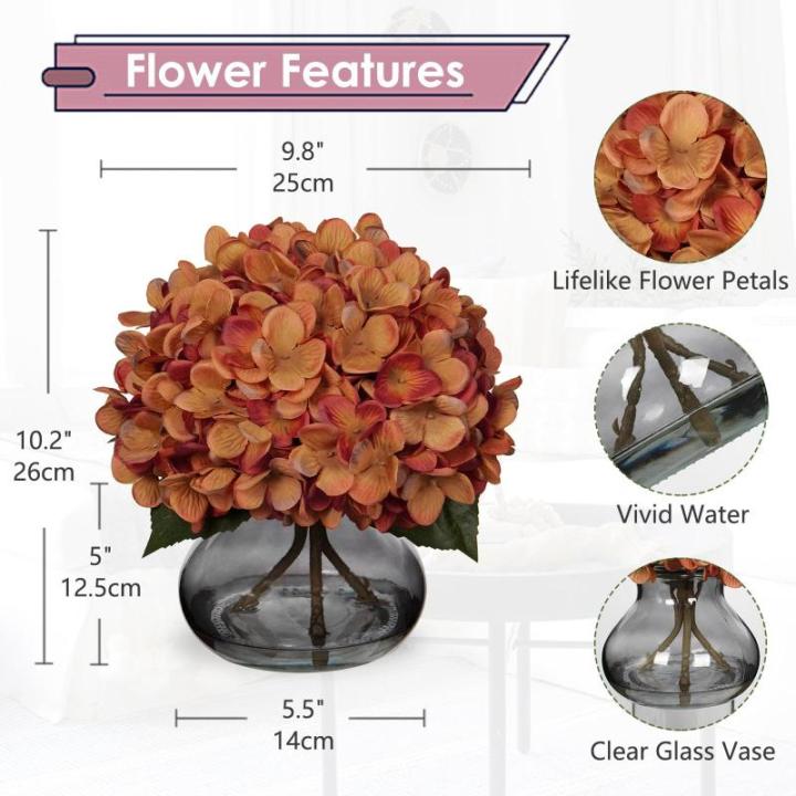 Kunsthortensia bloemen in vaas, echte touch nep hortensia bloem in glazen vaas met faux water zijde oranje faux bloemstuk voor thuis badkamer bruiloft decoratie