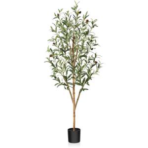 Kunstmatige olijfboom, 120 cm, grote kunstplant met natuurlijke houten stam en vruchten, kunstmatige olijfboom in pot, voor huis, slaapkamer, kantoor, tuin, decoratie (1 stuks)