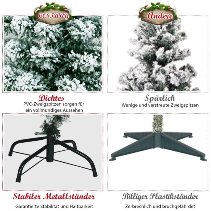 Kunstkerstboom met sneeuw en warmwitte ledverlichting, dennenboom met metalen standaard, pvc-naalden, kunstboom, kerstgroen, 225 cm, 135/180/225 cm