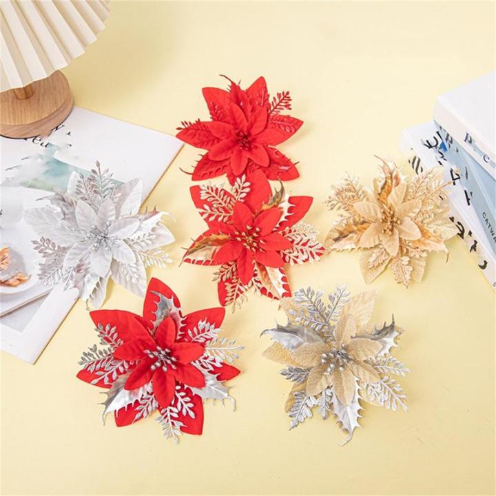 Kerstbloem, kerstster, glitter kerstbloemen, kerstster, kerstboom, bloemen, decoratie, kunstmatige kerstbloemen, kerstster, bloemen (rood, 15 stuks)