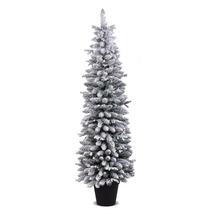Kunstkerstboom met sneeuw, 120/140 warmwitte leds, 8 transformatiemodi, 249/334 takpunten, van PE en pvc, 150 cm/180 cm, met cementbasis (180 cm)