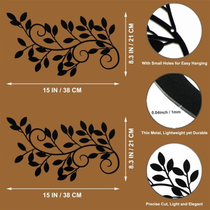2 stuks metalen boomblad wanddecoratie wijnstok olijftak blad muurkunst ornament muur opknoping bord voor boven deur, woonkamer, kantoor, binnen en buiten decoratie (zwart)