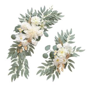 Faux Bloem Swag Set van 2 voor Bruiloft, Huwelijksboog Bloemen Welkom Teken, Witte Huwelijksboog Faux Groen Slinger, Bloemstuk Swag Achtergrond voor Huwelijksceremonie (2 stuks