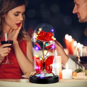 De eeuwige roos "Belle und the Beast", Galaxy Rose, cadeau voor vriendin, roos in een glazen koepel met ledlicht, cadeau voor mama (rood)