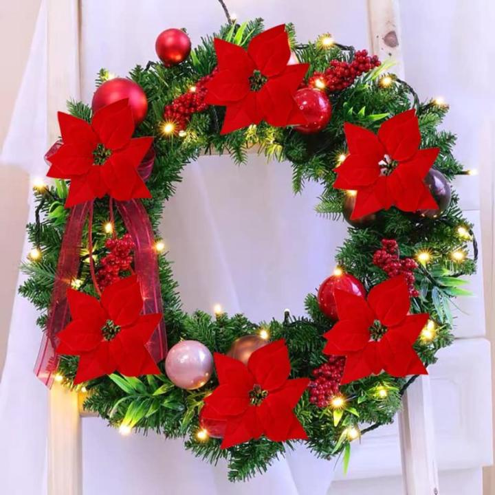 15 stuks 22 cm kerstbloemen kunstmatige kerstster bloemen kerstboom ornamenten met clips stengels voor krans feest bruiloft Nieuwjaar decoratie (rood)