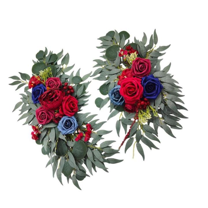 Bruiloftsboogbloemen, bloemenslingers voor bogen, woondecoratie, groene bladeren, kunstbloemenslingerset voor binnen, set van 2 voor recepties, rood blauw