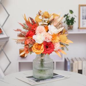 Kunstbloem zijden hortensia bloemstukken, witte en oranje bloem faux planten boeketten voor bruiloft decoraties, plastic bloemen tafel centerpieces voor woondecoratie (2, wit en or