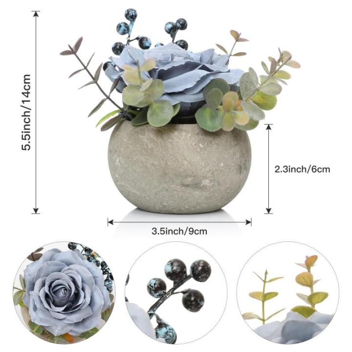 Kunstroos bloem met pot, combinatie van namaakzijden roos en groen, kleine kunstplant met eucalyptusbladeren voor slaapkamer, boekenkast, decoraties (1, blauwe roos)