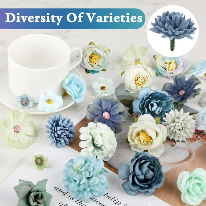 40 stuks kunstbloemen om te knutselen, 2,5 cm ~ 5 cm, bloemendecoratie, blauwe kleur kunstbloemen als echt, kunstbloemen bloemkoppen kunnen voor haarsieraden, kleding