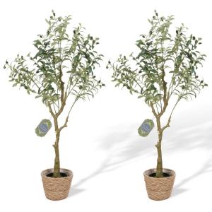 2 stuks olijfboom, 120 cm, olijfboom, , groot, in pot, planten, kunstboom met realistische vruchten, grote kunstboom, met gevlochten mand, voor thuis, buiten, slaapkamer