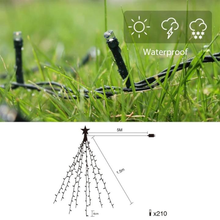 1,5 m kerstboom lichtketting met ring, 8 slingers en kerstboompiek ster, 210 LED kerstboomverlichting binnen met 8 modi, warm wit